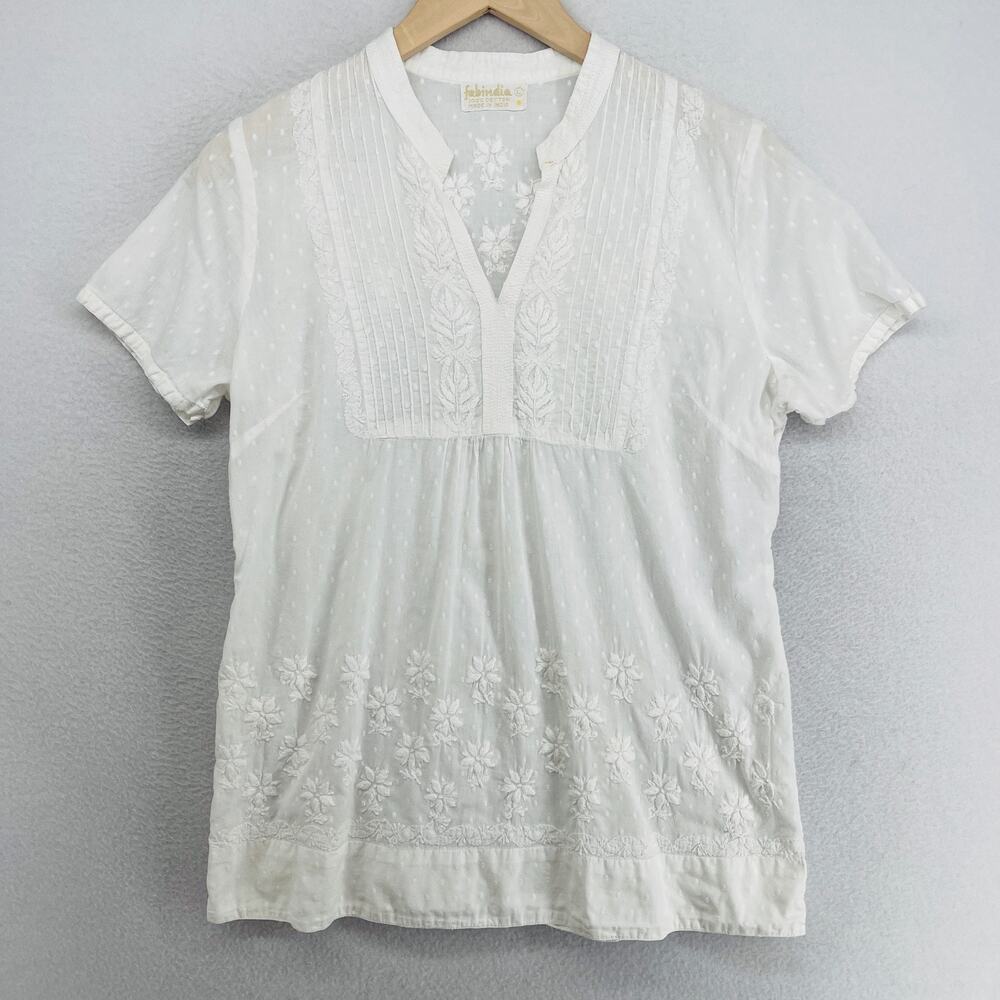 FABINDIA Tunic Womens L Swiss Dot Blouse Pintuck Embroidered Popover White